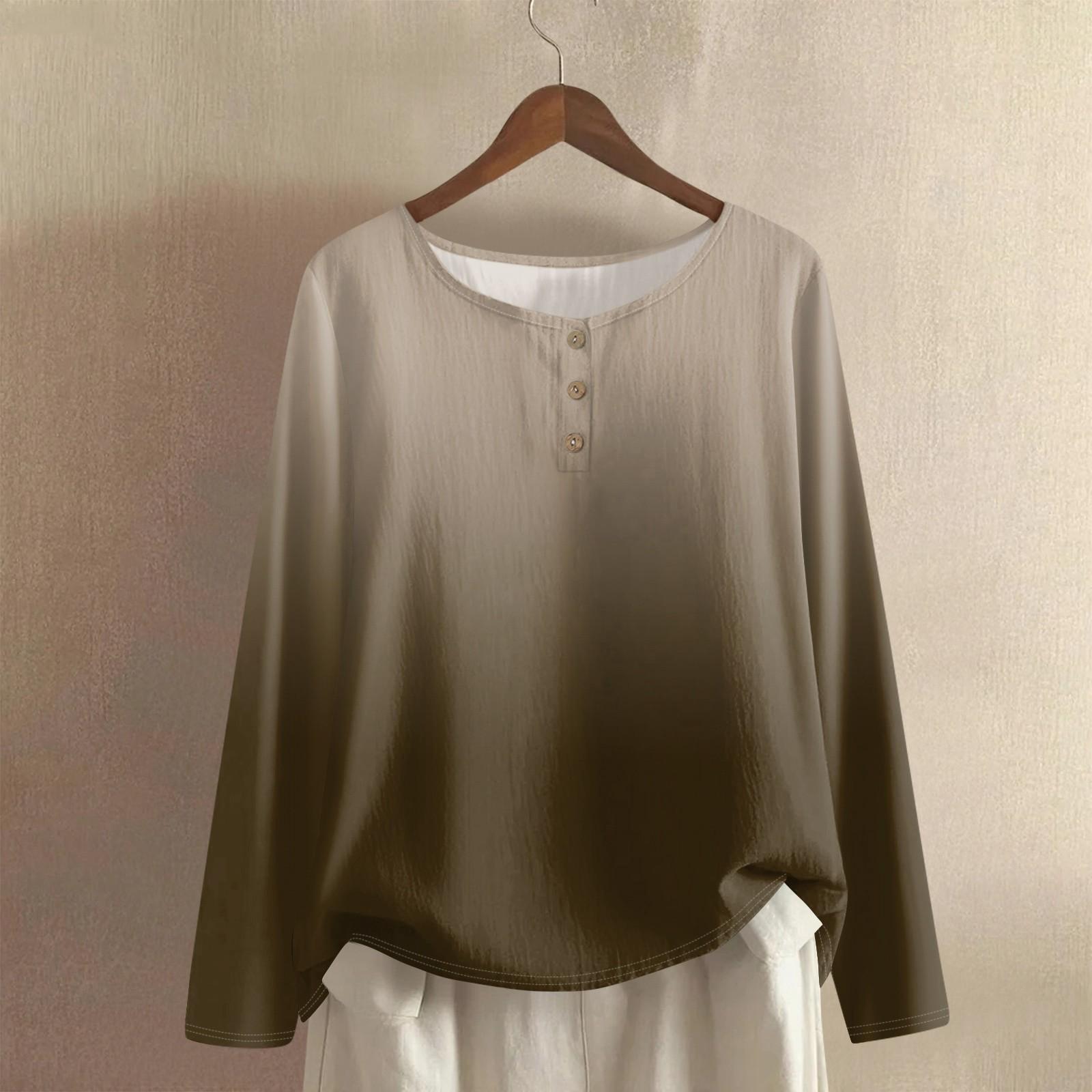 

Women s Fashionable And Casual Shirt Long Sleeve Round Neck Solid-color Cotton And Linen Blouse Top M коричневий