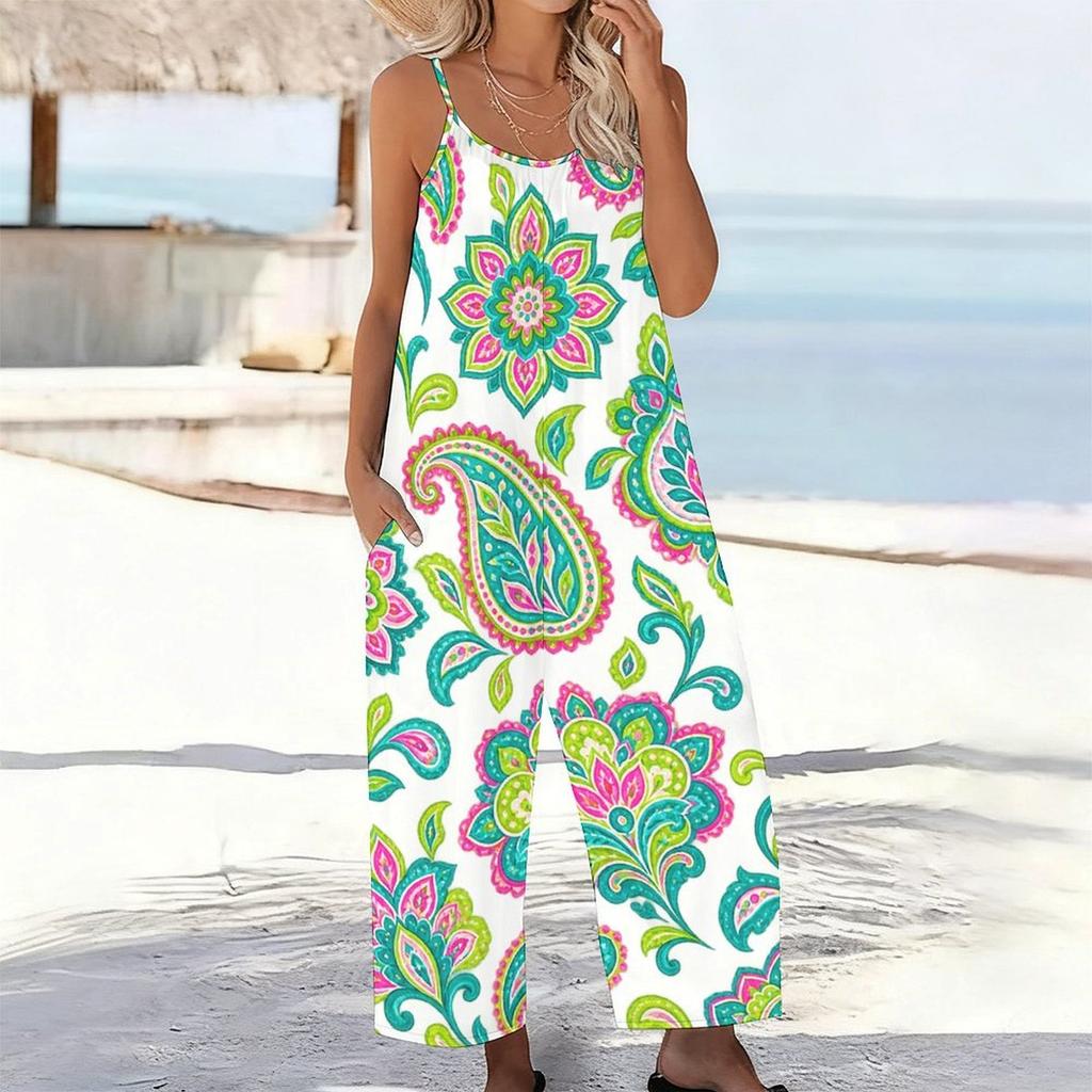 Women Plus Size Sleeveless Scoop Neck Gathered Front Floral Printed Wide Leg Jumpsuit With Pockets
