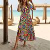 Women Fashion Round Neck Ethnic Color Circle Printed Short Sleeve Side Slit Dress Casual Vacation Dress Long Loose Dress