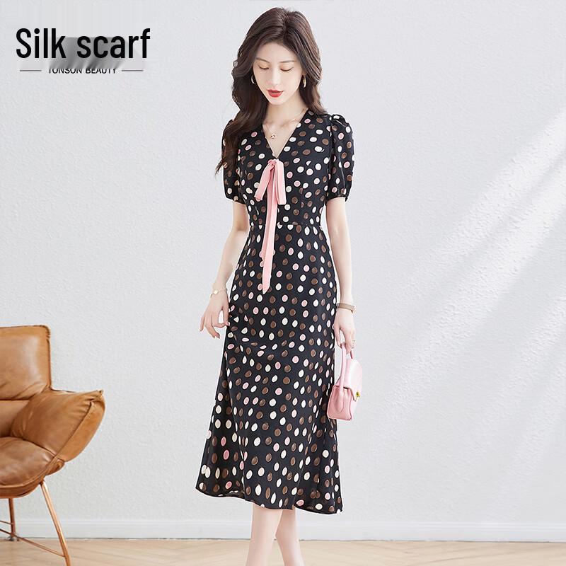 Sibaishe French V-Neck Polka Dot Midi Dress S