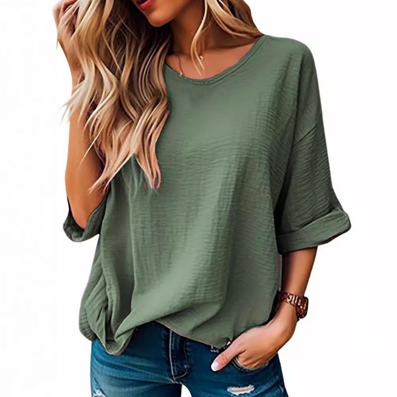 Women's Summer Round Neck Five Quarter Sleeve Solid Color Casual Pullover T-shirt