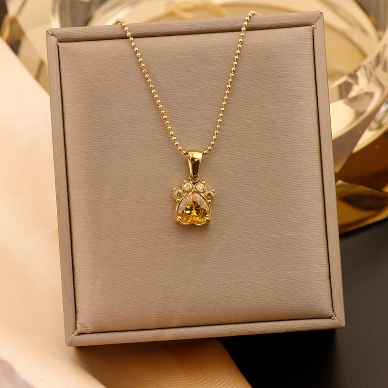 18K Gold-Plated Titanium Cat Paw Pendant Necklace with Colorful Zircon Hearts for Women
