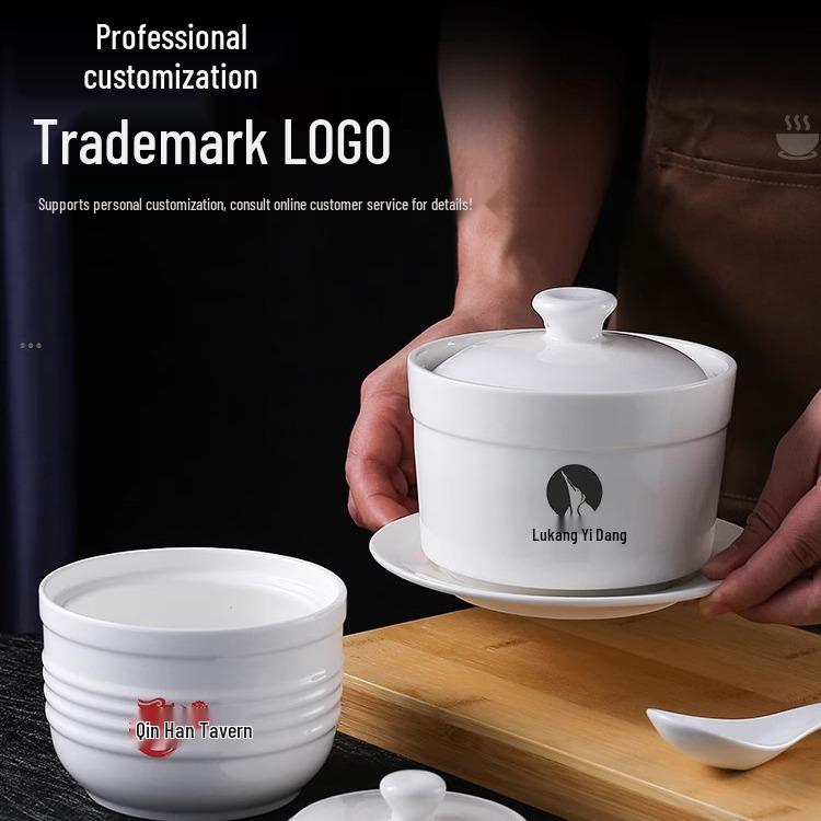 White Magnesia Porcelain Soup Pot with Lid – Ideal for Steaming Eggs and Stewing Bird's Nest In Restaurants and Hotels.