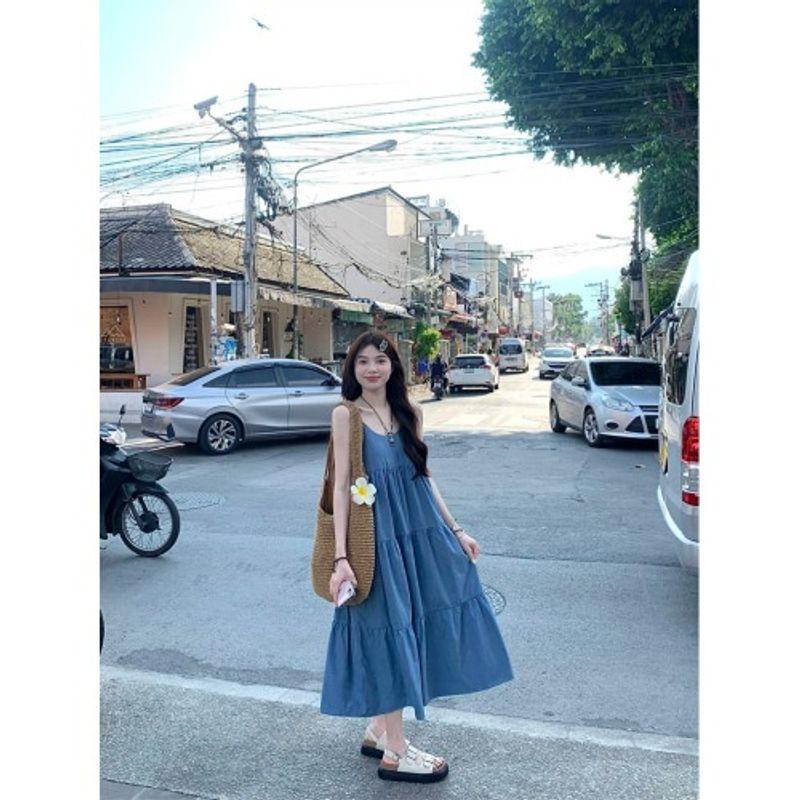 

Kumikumi Vacation Style Sweet Elegant Blue Sling Dress Women s Summer Niche Style Slimming Youthful-Looking A- line Skirt Blue L