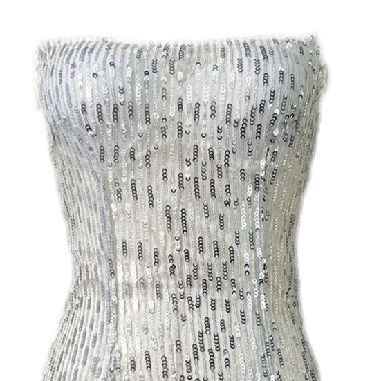 Women Evening Dress Sequin Fluffy Fur Decor Sleeveless Off Shoulder Skinny Sheath Backless