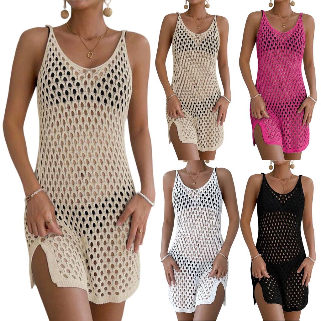 Women's Beach Dress Solid Color Sexy Knit Hollow Beach Bikini Swimsuit Cover Up
