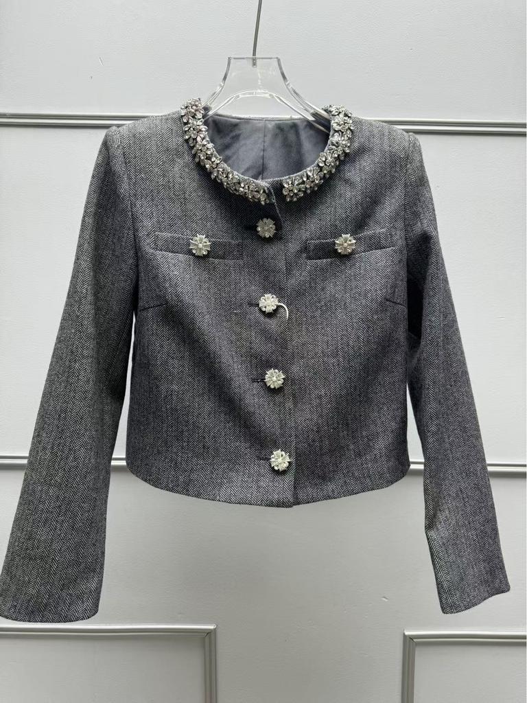 Nanyou Women's Mixed Color Rhinestone Herringbone Wool-Blend Jacket and Slit Skirt Set