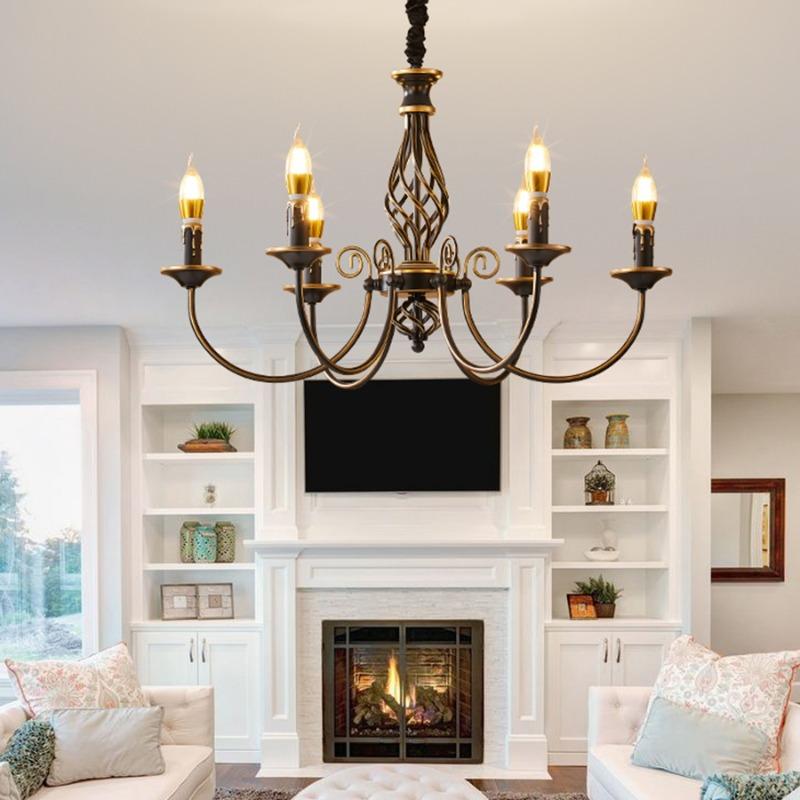 Rural Retro Chandelier Candle Living Room Dining Room Lamp Bedroom Lamp Antique Iron Pendant Lamp