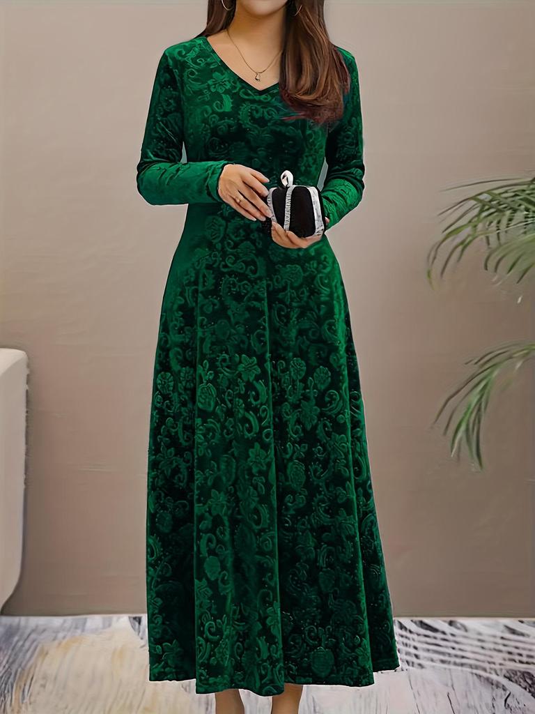 Plus Size Women's 3D Embossed Velvet Long Sleeve Dress - Elegant Slim Fit for Spring/Autumn