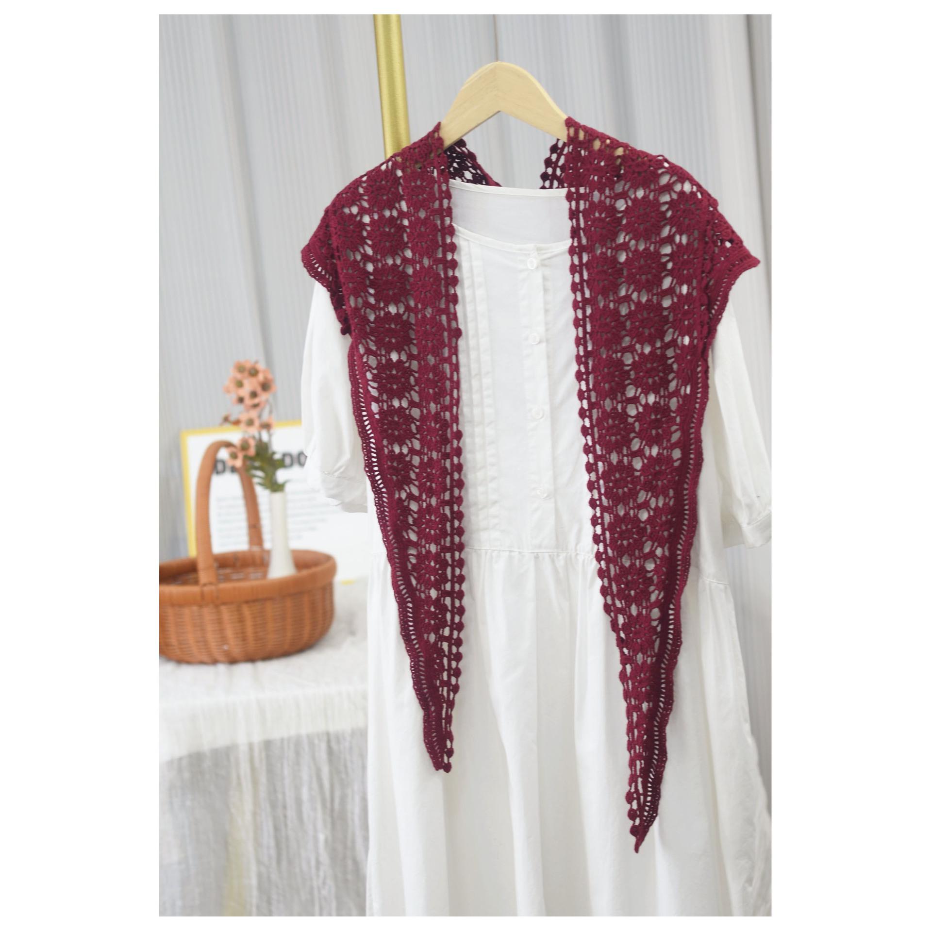 Johnature Вязаный крючком треугольный шарф ручной работы Универсальный весенне-летний женский однотонный ажурный шаль-шарф бордовый