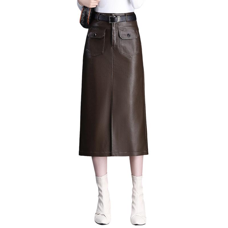 Modischer Damen-Lederrock aus Lammleder mit Schlitz - Hohe Taille, Mittellang, Faltenmildernd, Trendiger Pendlerstil.