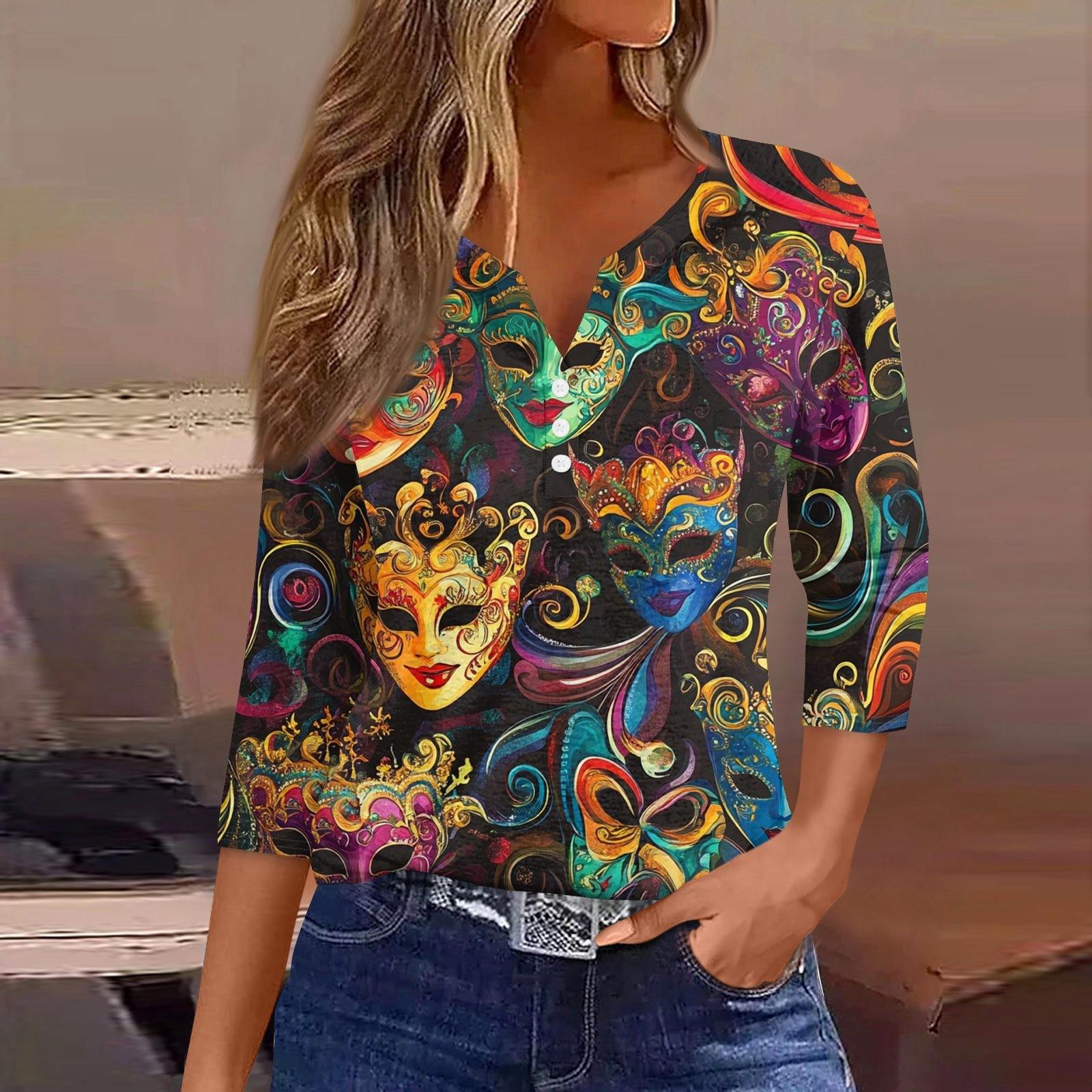 

Женская модная повседневная футболка с V-образным вырезом и рукавом семь четвертей, топ с карнавальным принтом и пуговицами S жёлтый