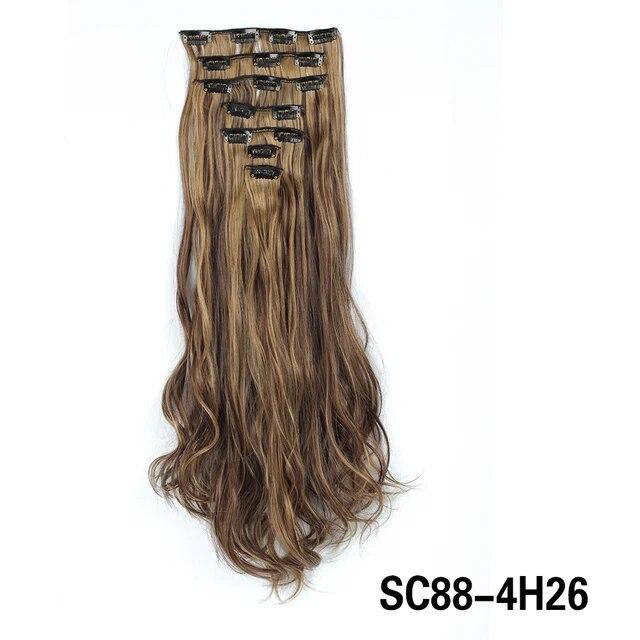 Długie kręcone klipsy do przedłużania włosów 16 klipsów syntetyczne naturalne kawałki włosów dla kobiet 7 sztuk/zestaw 24 cale Ombre blond czerwony czarny sztuczne włosy