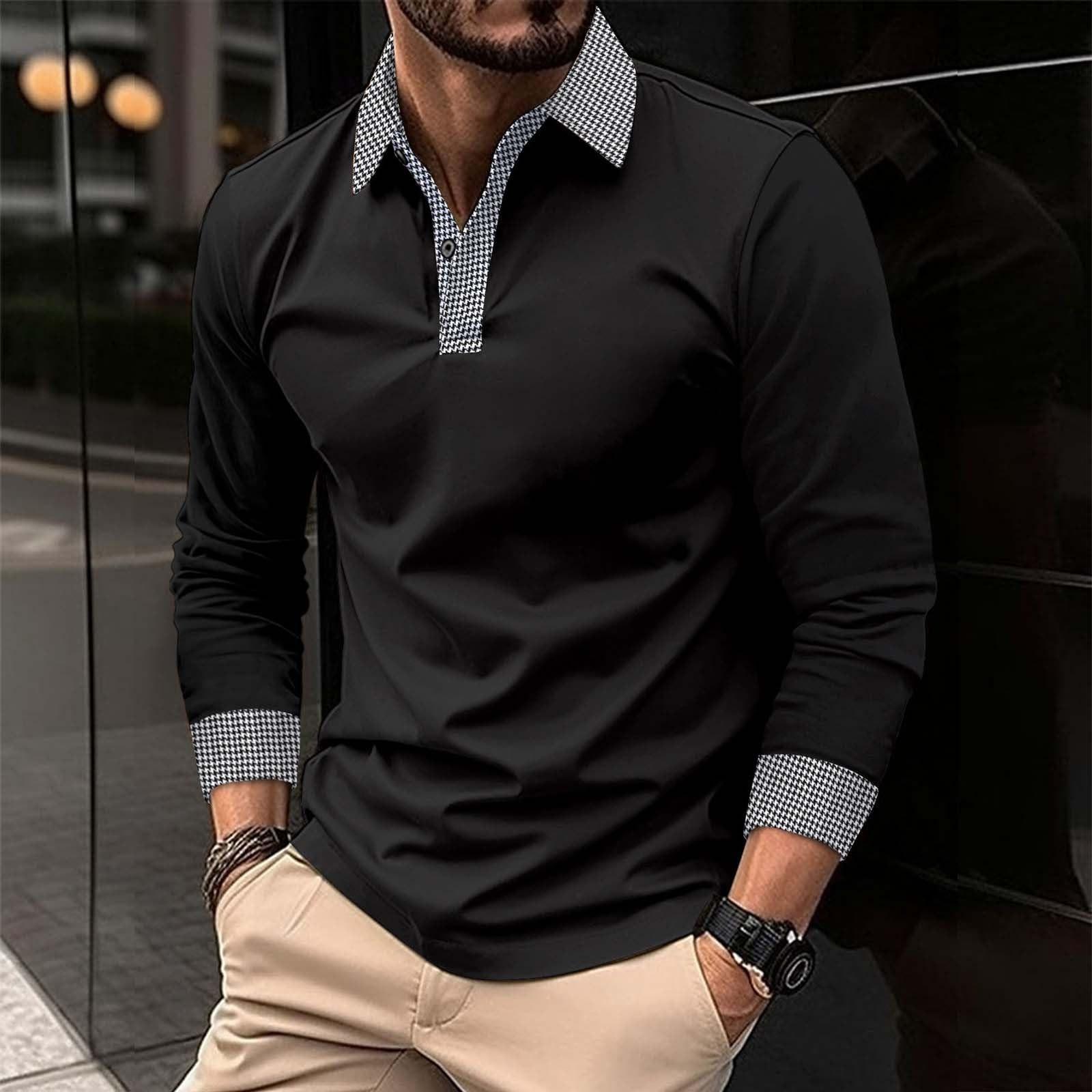 

Поло с длинным рукавом для мужчин Рубашка с клетчатым воротником Футболки для гольфа Базовые повседневные топы Модная футболка Легкая Стандартная посадка M чёрный