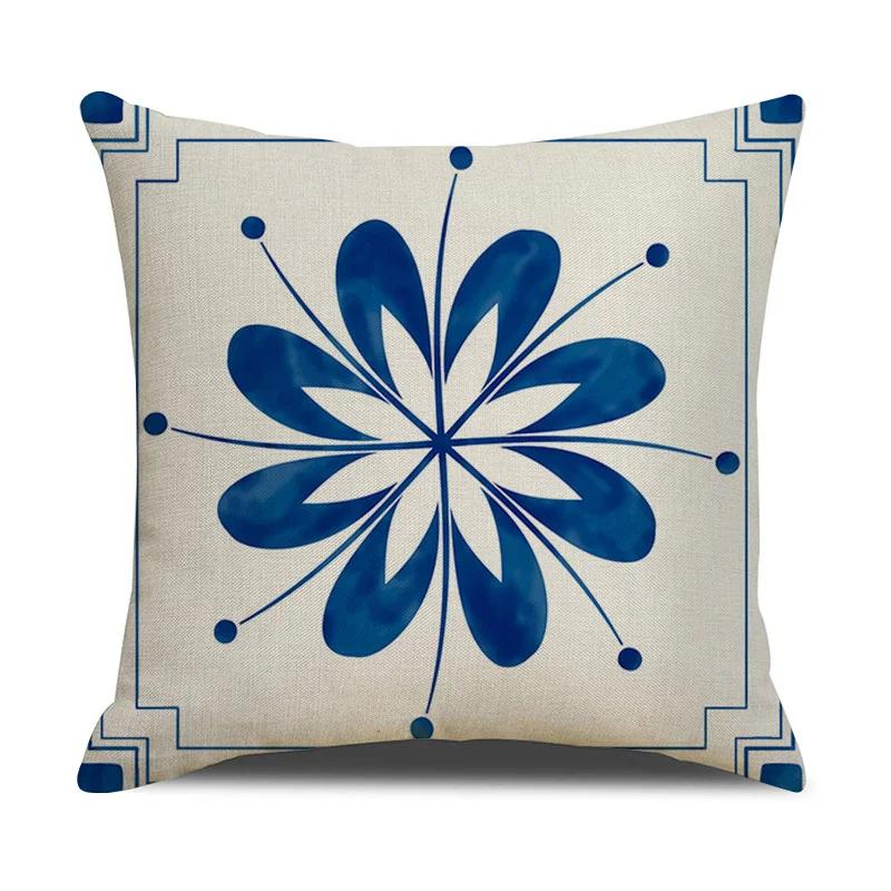 Chinese retro style blue and white ceramic printed fabric linen cotton throw pillow wrapped sofa home decoration pillow
