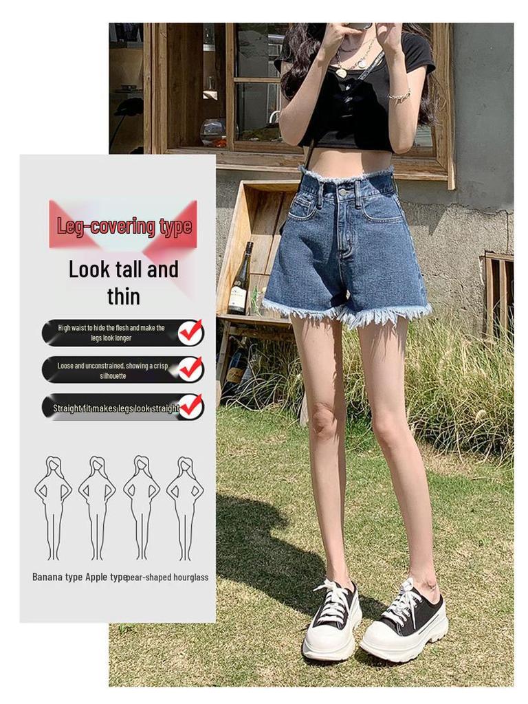 Women's High Waist Denim Shorts - Casual, Versatile, Slimming, Frayed A-line, Trendy Summer Wide Leg Hot Pants
