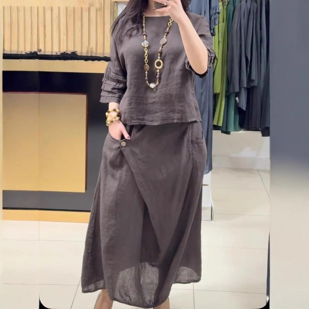 Elegant Summer  Two-Piece Set for Women with Short Sleeve Top and Midi Skirt