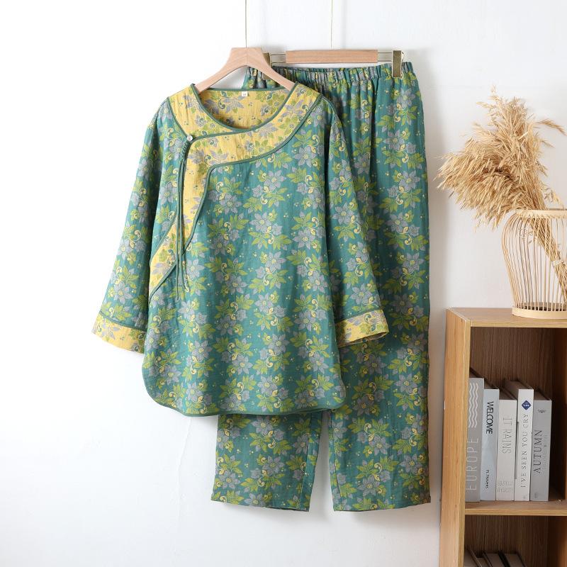 

Ретро осень зима женская пижама с принтом женская пижамный комплект 100% хлопок длинный рукав брюки костюм XL