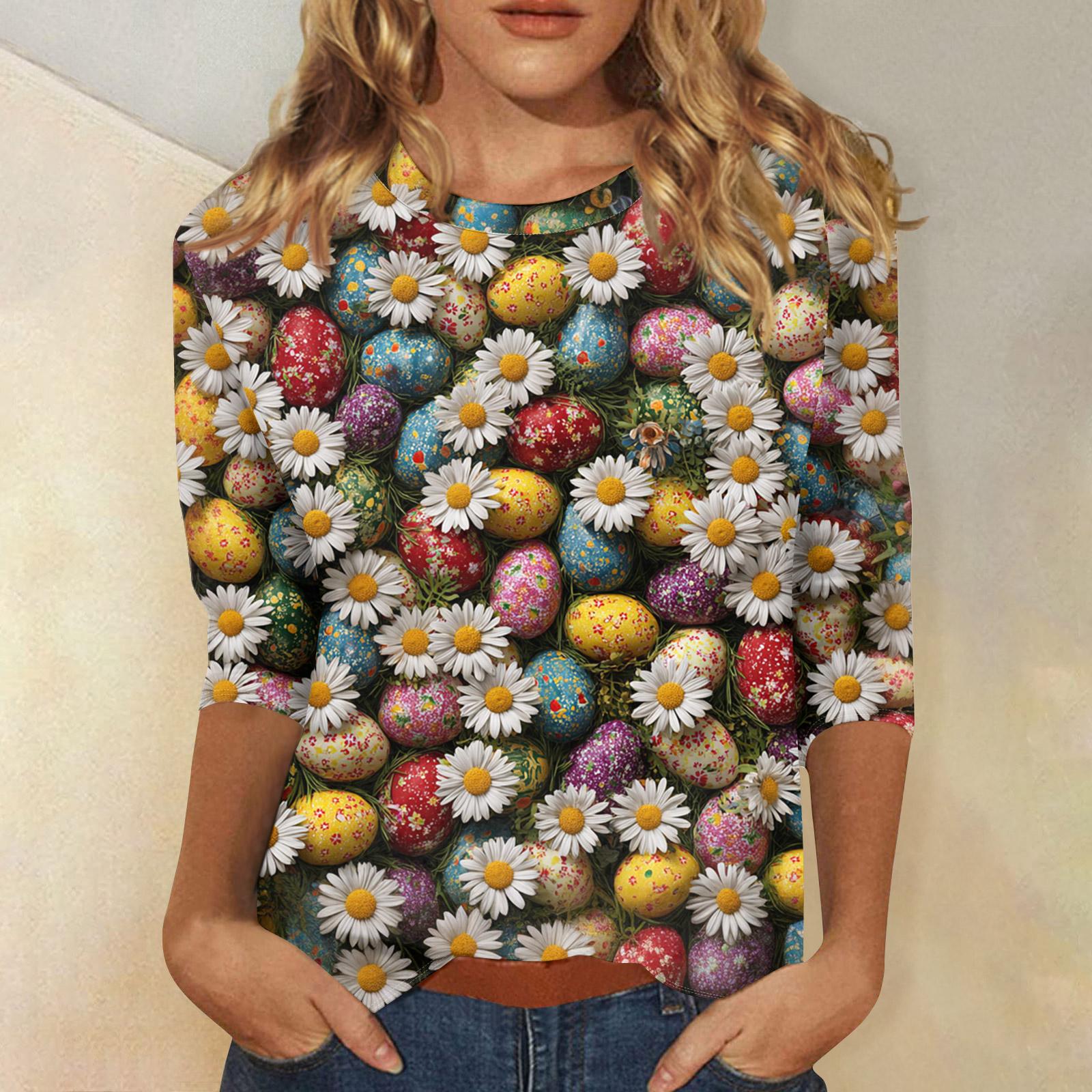 

Women s Tops Three-quarter Sleeve Shirt Round-neck Loose Casual Shirt Print T-shirt M