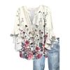 Women's Fashion Casual Button V-Neck Seven Sleeve Vintage Printed Shirt Top