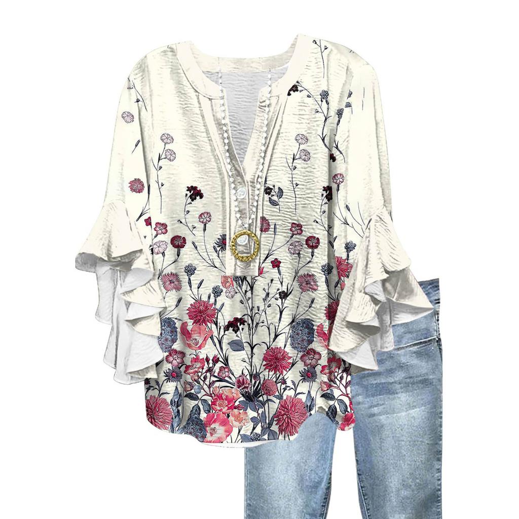 Women's Fashion Casual Button V-Neck Seven Sleeve Vintage Printed Shirt Top