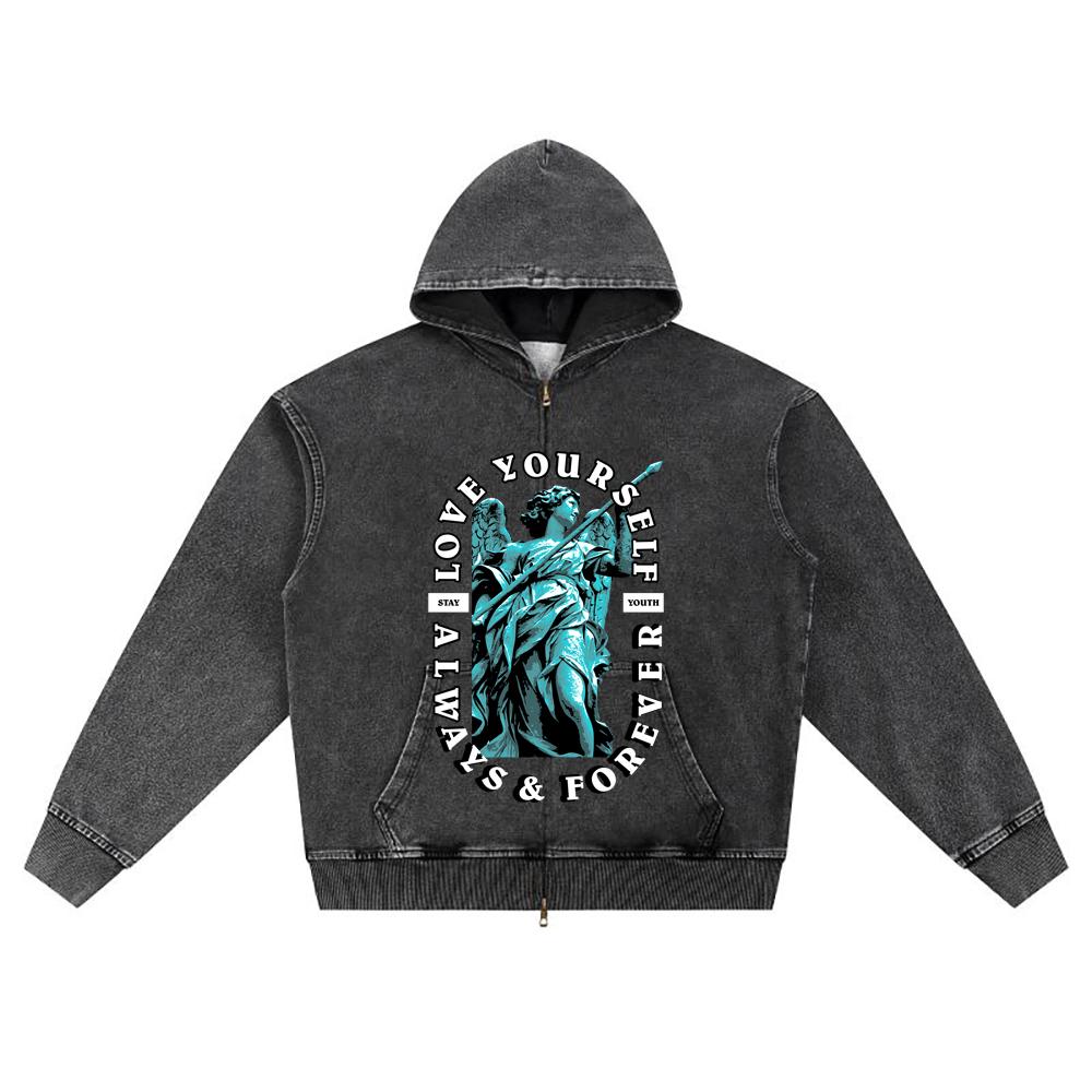DTG print Knitted Denim Zip-Up Hoodie Streetwear Brother Print Zipper Hoodies  