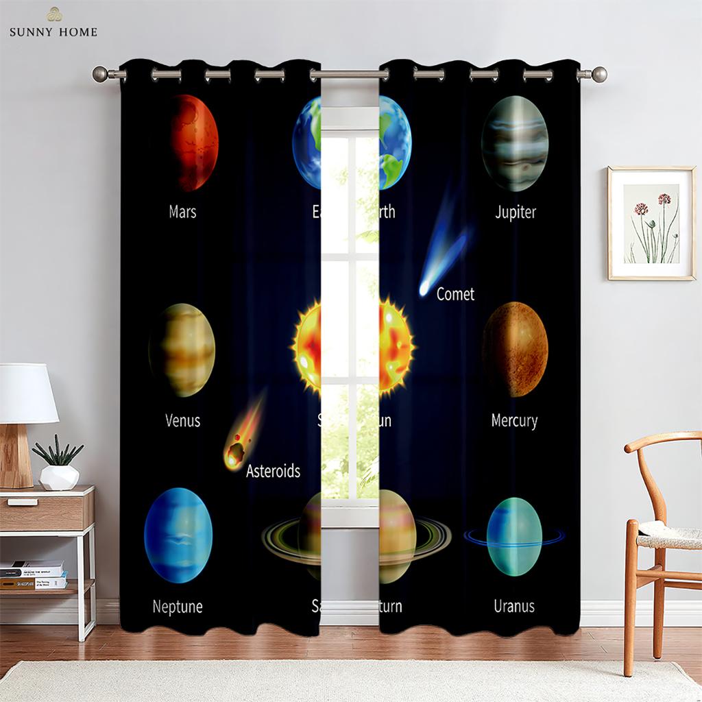 Cartoon Starry Sky Planet Curtains Children's Room Living Room Study Window Decoration Curtains Can Be Customized 2 Pieces