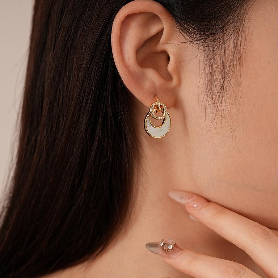 Imitation shell zircon double-layer circle silver needle earrings real gold electroplating geometric temperament earrings