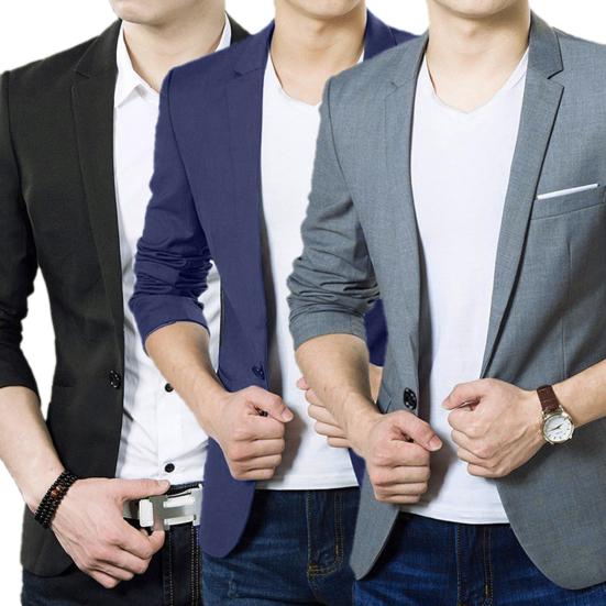 Męski Slim Formalny Garnitur Biznesowy Płaszcz Jednozapinany Klapa Długi Rękaw Kieszenie Góra