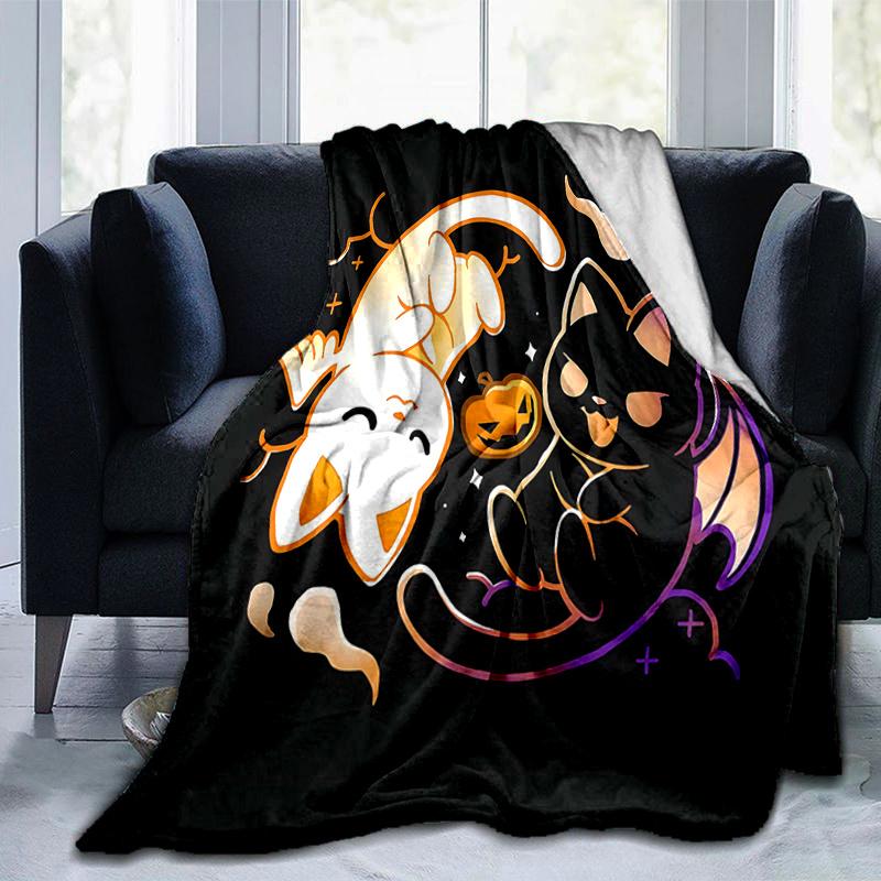 1pc Halloween White Cat & Black Cat Blanket Soft Throw for Home Decor, Gift Idea, Living Room, Travel, Camping, Car Blankets