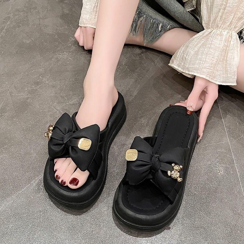 Slippers Female Summer 2025 New Outer Wear Bow Internet Celebrity One-word Drag Fairy Wind with Skirt Non-slip Beach Shoes