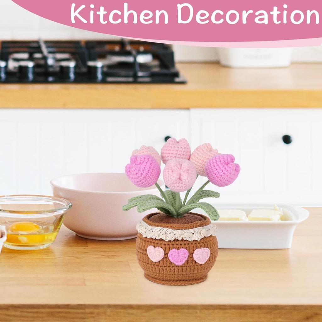 Handmade Potted Crochet Tulip Bouquet, Blush Pink Crocheted Tulips Hand Woven Flowers Knitted Flowers in Exquisite Pot Gift for Women Friends Kids