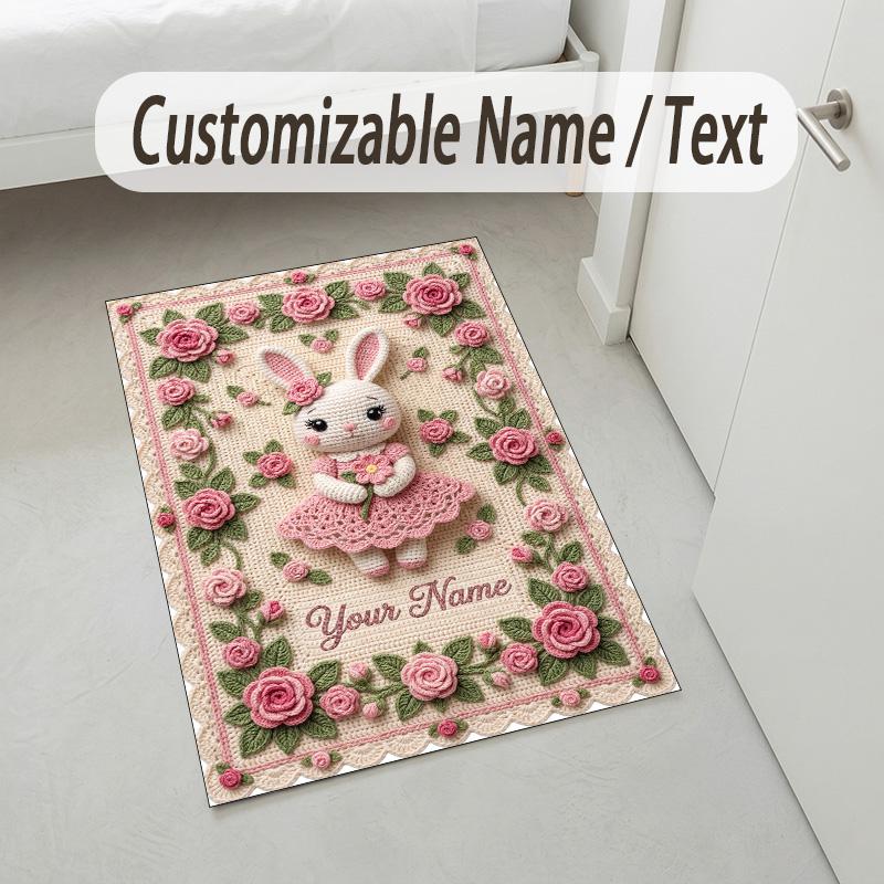 שטיח קטיפה קריסטל בנושא ארנב הפסחא, שם מותאם אישית, טקסט, שטיח רצפה רך, עיצוב לבית