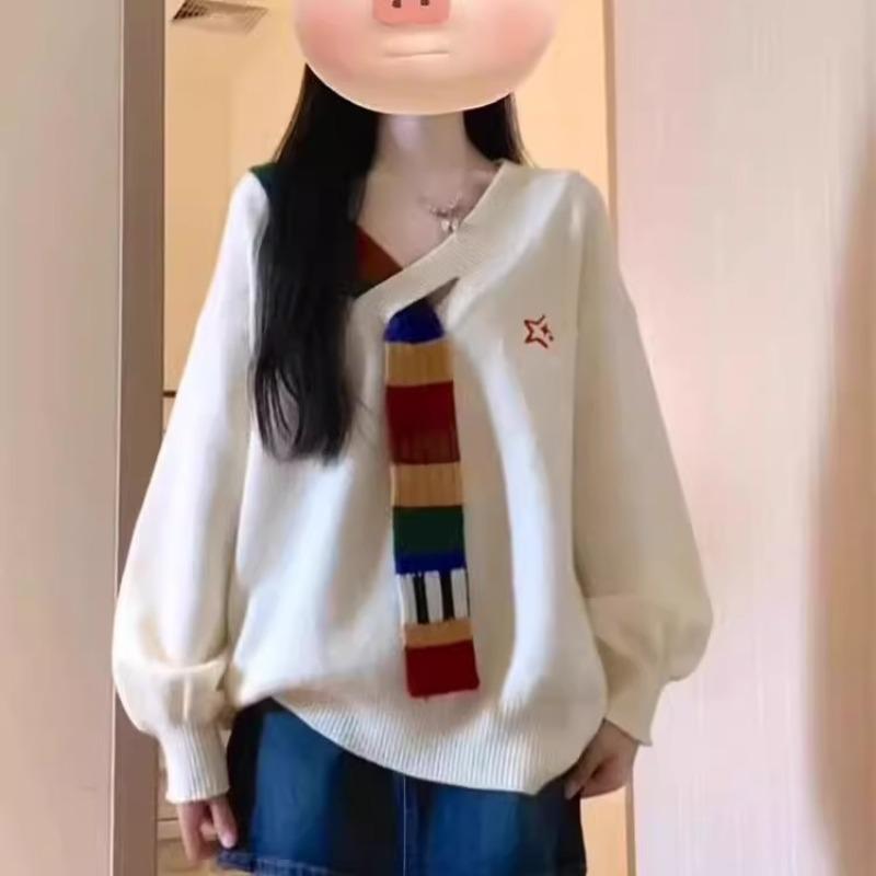 

Autumn new women s clothing fashion retro long-sleeved knitted sweater loose coat college style high-end sweater women M абрикосовый