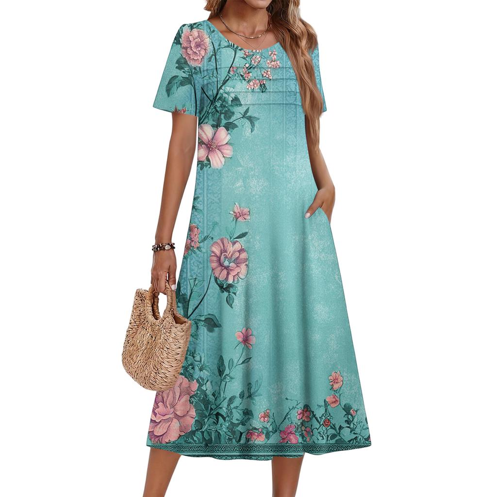 Ladies' Floral Printed Casual And Fashionable Short Sleeved Round Neck Dress