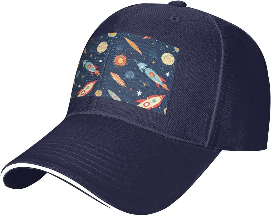 Space Rocket Planet Print Baseball Cap Polyester Casual Adjustable Dad Hat for Adult Unisex