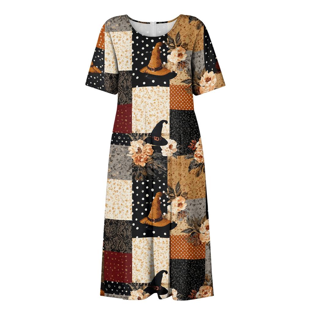 Women's Halloween Print Round Neck Pocket Dress Casual