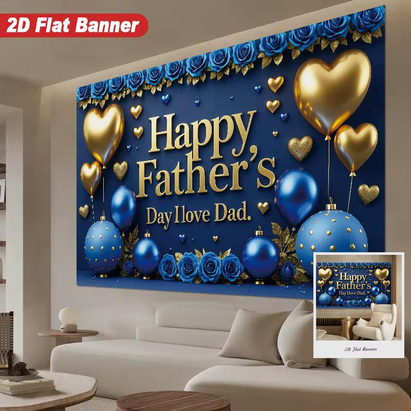2D Flat Happy Father's Day Banner Navy Blue & Gold Themed Backdrop with "I Love Dad" Text