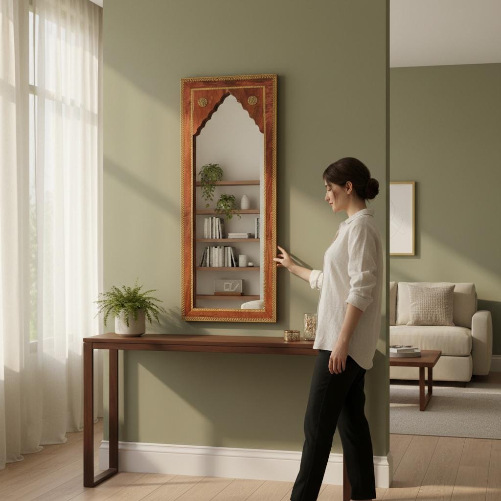 Wooden Wall Decor Mirror With Glass | Indian Bedroom Mirror | Living Room Furniture Decor ,Indian Brass Fitted Mirror For Home Decor