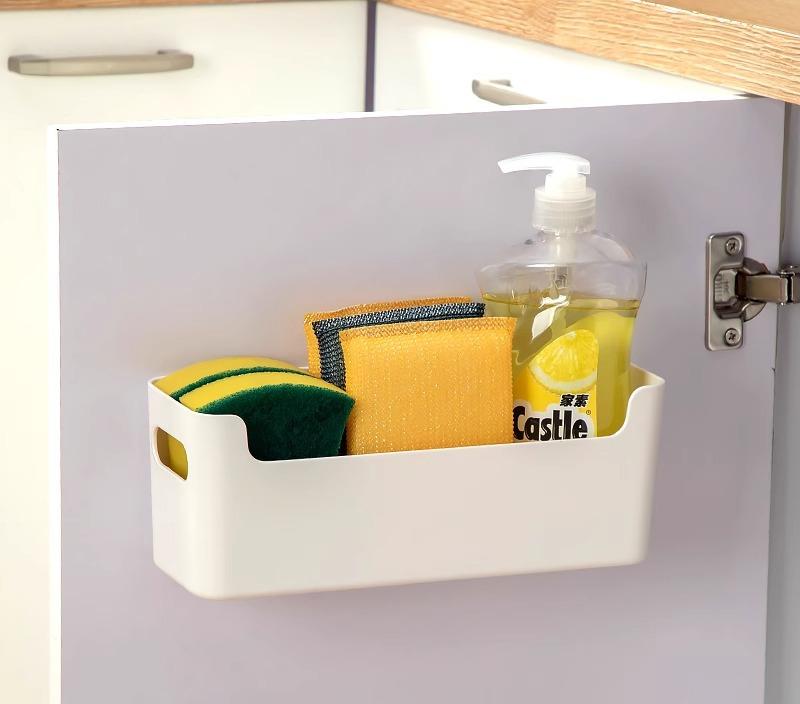 Kitchen Sundries Storage Boxes Cabinet Door Punch-Free Plastic Wrap Organization Bins Home Bathroom Wall Mounted Toiletriy Shelf