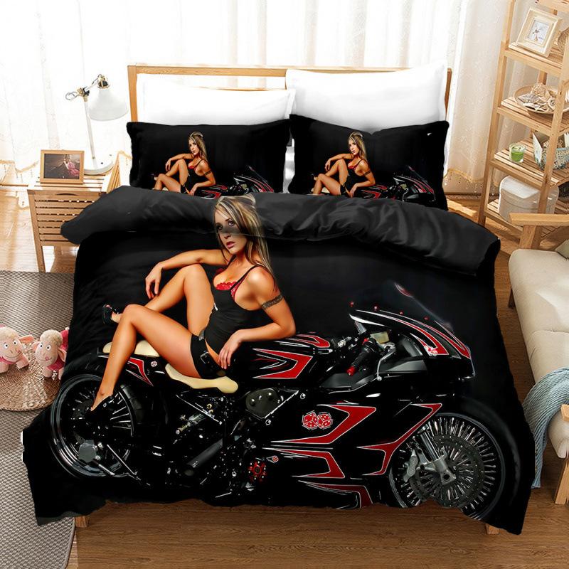 Lokomotive und Motorrad Muster Druck Bettbezug Kissenbezug 3D Digitaldruck Dreiteiliges Set