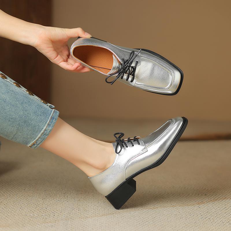 Moda 2024 Nowe Wiosenne Skórzane Damskie Buty Codzienne Mokasyny Sznurowane Kwadratowy Nosek Buty Oksfordzkie Szpilki Srebrne Damskie Buty
