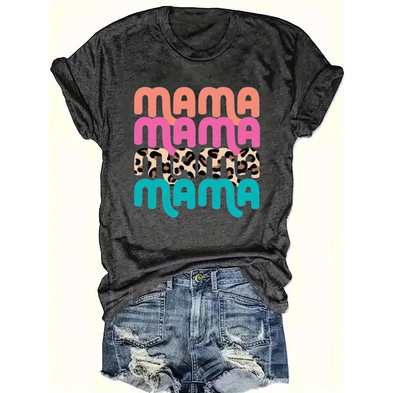 Women's Casual Short Sleeve Crew Neck T-Shirt - Bold "MAMA" Graphic Print with Leopard Accents, Black & Pink Lettering,