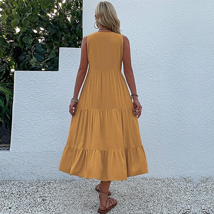 Robe d'été pour femme, coupe trapèze, longueur genou, sans manches, couleur unie, col en V