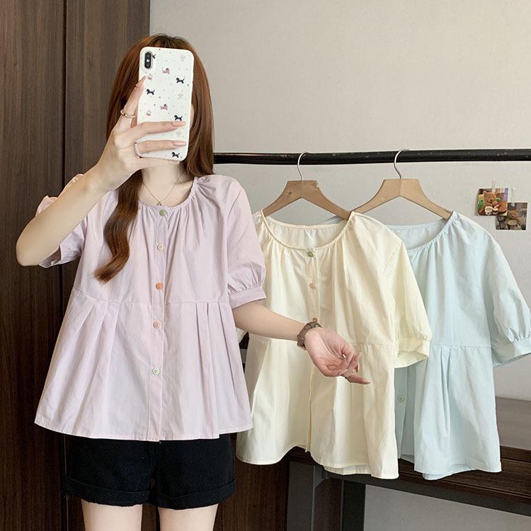 2026 Summer Plus Size Sweet Button Round Neck Loose Slimming Short Sleeve Blouse 4XL