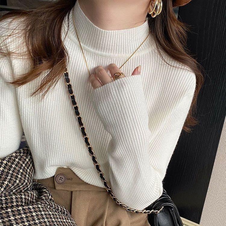 

Женский осенне-зимний свитер с воротником в винтажном стиле, однотонные базовые вязаные топы, повседневный тонкий пуловер, корейские модные простые шикарные джемперы One Size белый