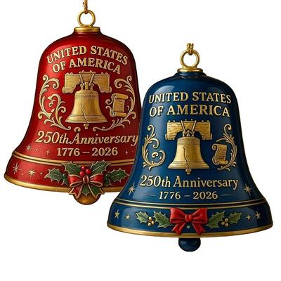 Ornement Cloche 250e Anniversaire des États-Unis - Décoration Suspendue Commémorative 3D Rouge & Or, Sonnette Élégante pour les Fêtes Patriotiques