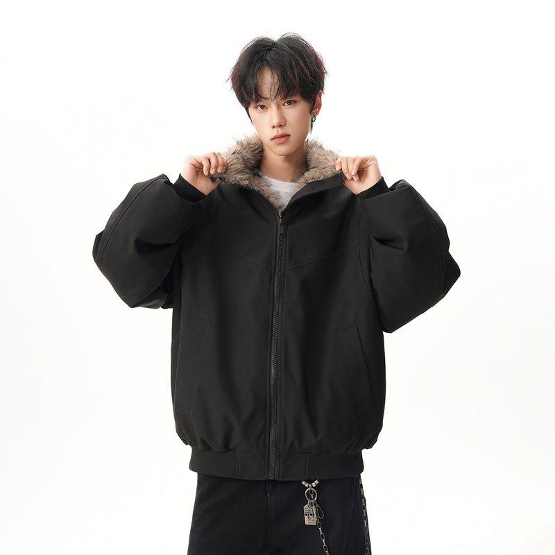 Street Style Mountain Carving Cotton Jacket with Fur Collar Winter Clothing for Men, Thickened Trendy Brand Loose-Fitting Couple Cotton Coat for Women