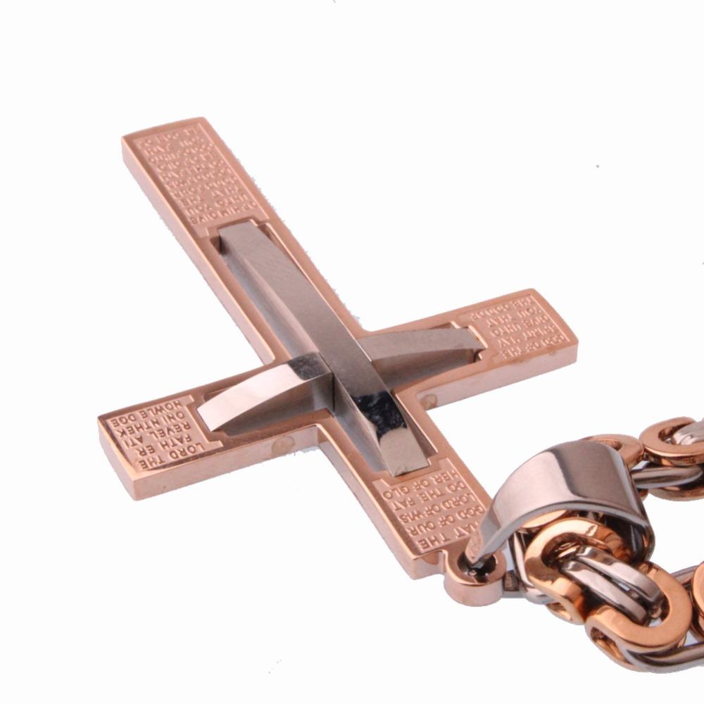 Fashion Rose Gold Cross Pendant Necklace Male Gift Trendy Stainless Steel 6mm Flast Byzantine Chain