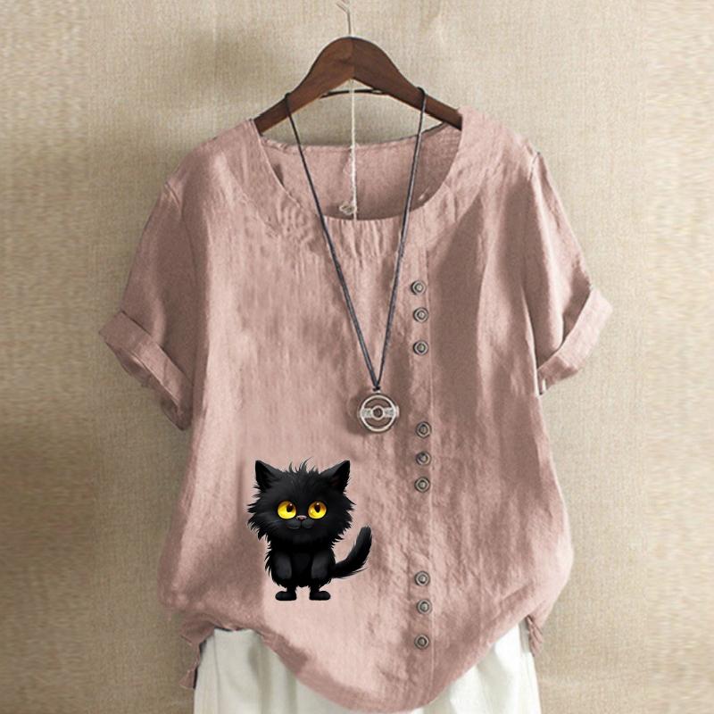 Damenmode, T-Shirt mit schwarzem Katzen-Print, kurzärmelig, lockeres Baumwollhemd, lässige Sommerbluse, Tops, Übergröße